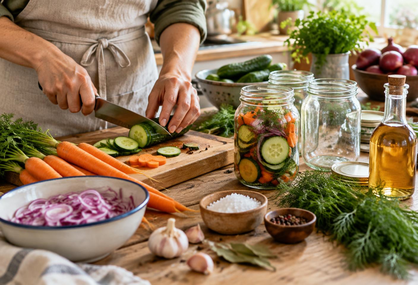 Preparación casera de encurtidos con vegetales frescos y frascos limpios